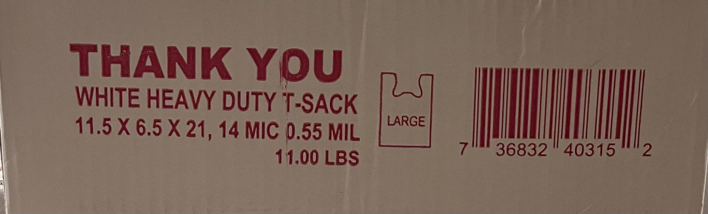 Thank You White Heavy Duty T-sack 1000 Case 11.5 x6.5 x21, 14 mic .55 MIL 11 LBS