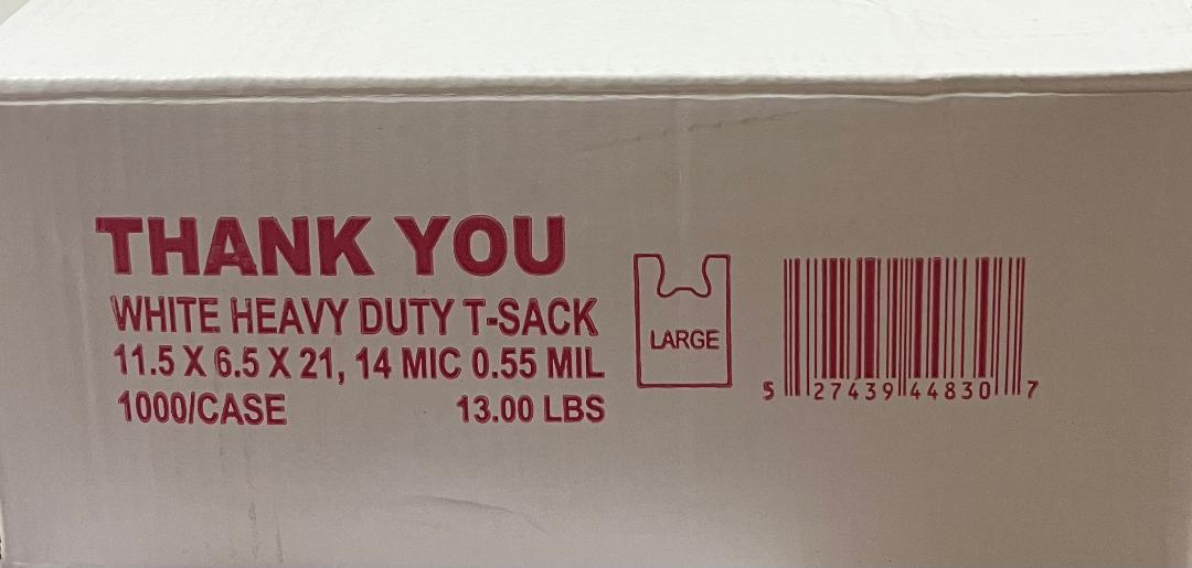 Thank You White Heavy Duty T-sack 1000 Case 11.5 x6.5 x21, 14 mic .55 MIL 13 LBS LARGE