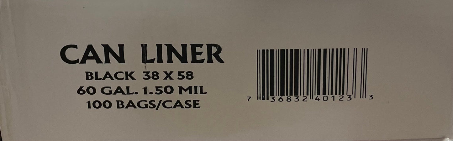 Black can liner 38 x58 60 Gal 1.50 MIL 100 bags/Case