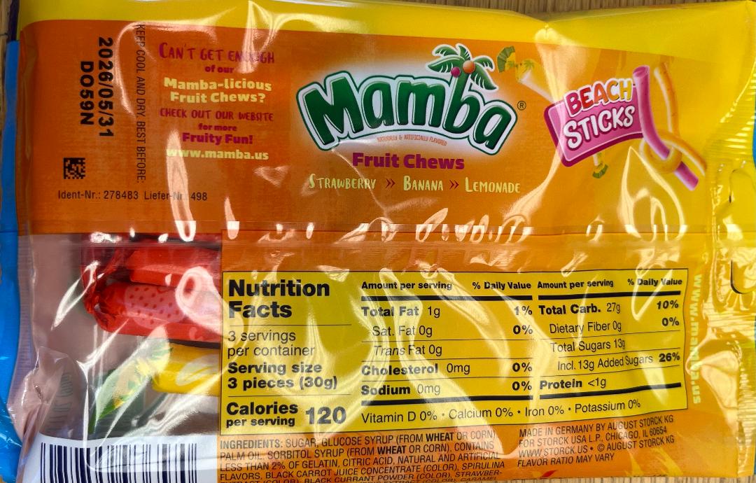 Mamba Storck Beach Sticks no articicial colors fruit chews strawberry, banana, lemonade