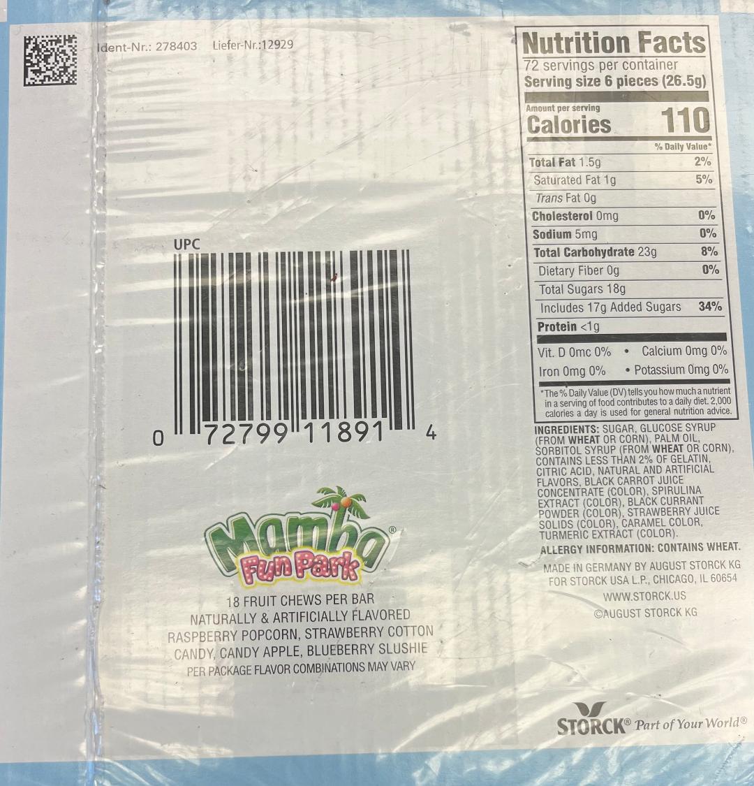 Mamba Storck Fun Park Limited Edition Fruit Chews 24-2 80oz bars net weight 67.20 oz