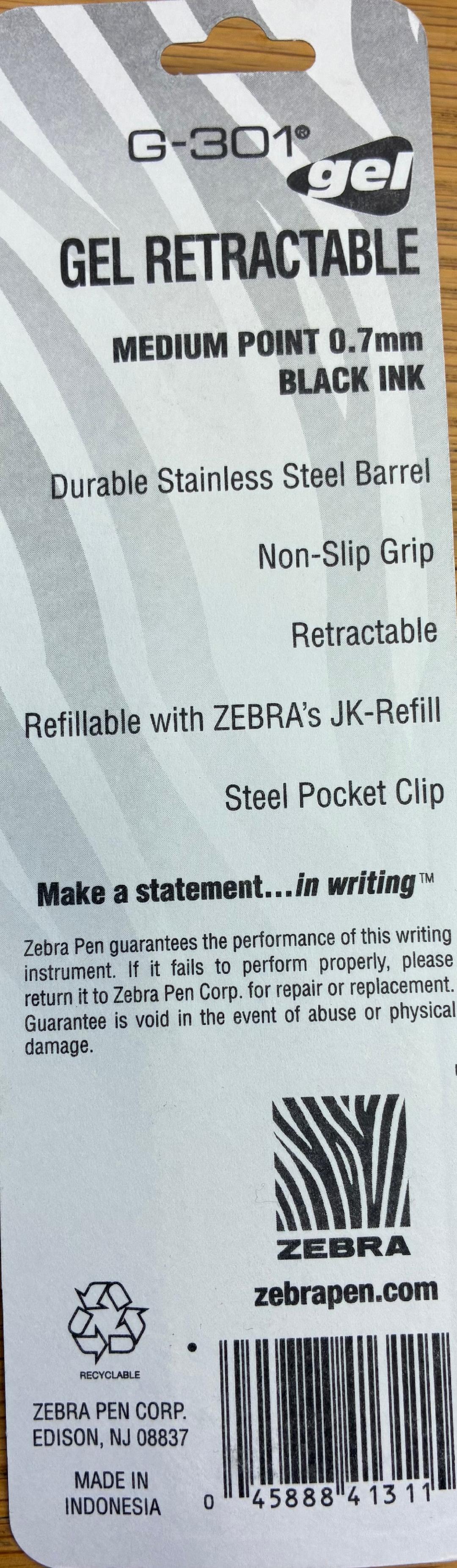 Zebra Pen G-301 Black Ink 0.7mm Gel Retractable individual packs 12 pieces