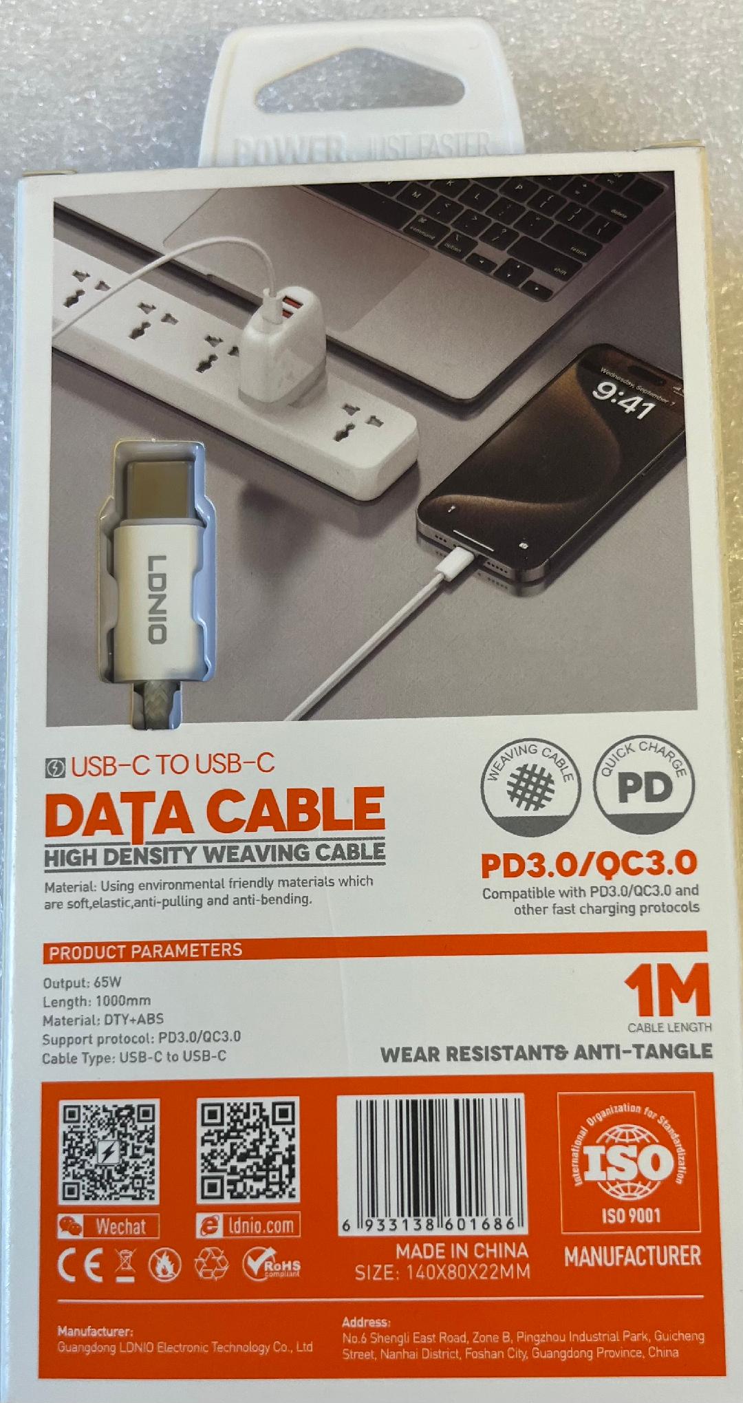 LDNIO LC901C Type-C to Type-C 65W Fast Charging Cable for iPhone 15 / Android.