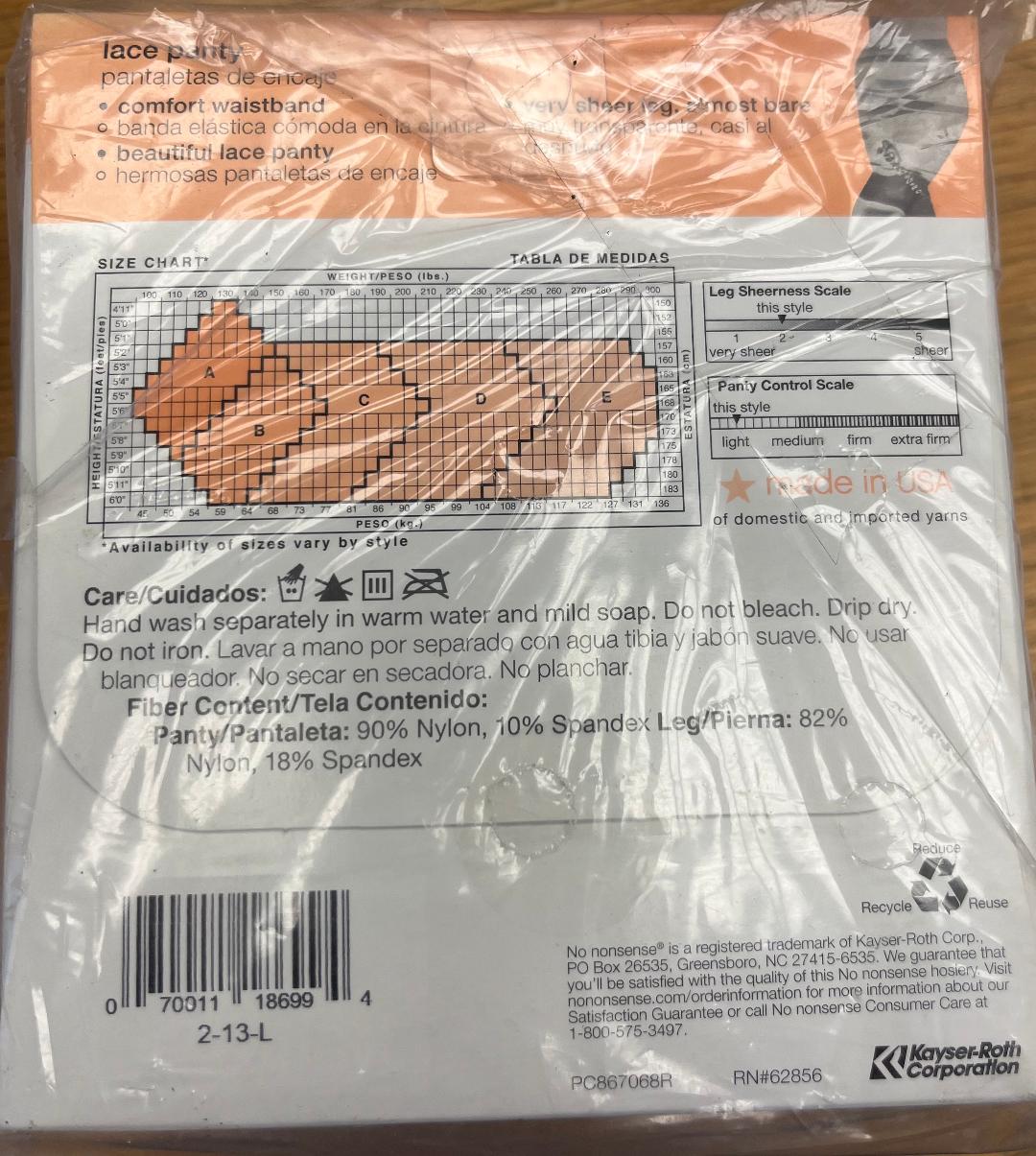 NO NONSENSE LACE PANTY HOSE SIZE B BARE BISQUE SHEER TOE SLF BOX OF 3