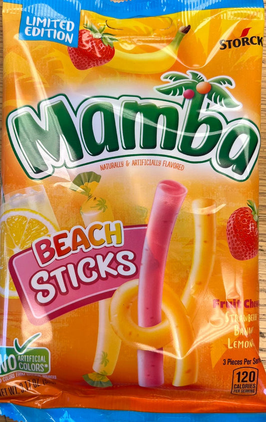 Mamba Storck Beach Sticks no articicial colors fruit chews strawberry, banana, lemonade